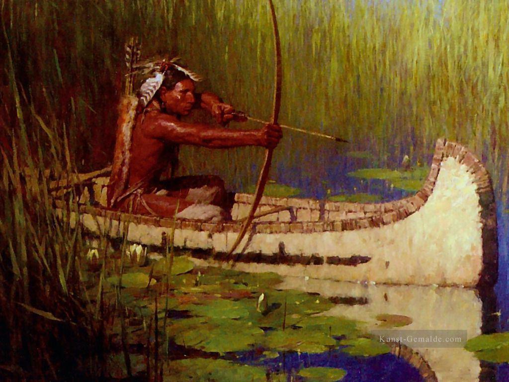 Ureinwohner Amerika Indianer Hunter in Kanu Pfeil und Bogen Ölgemälde